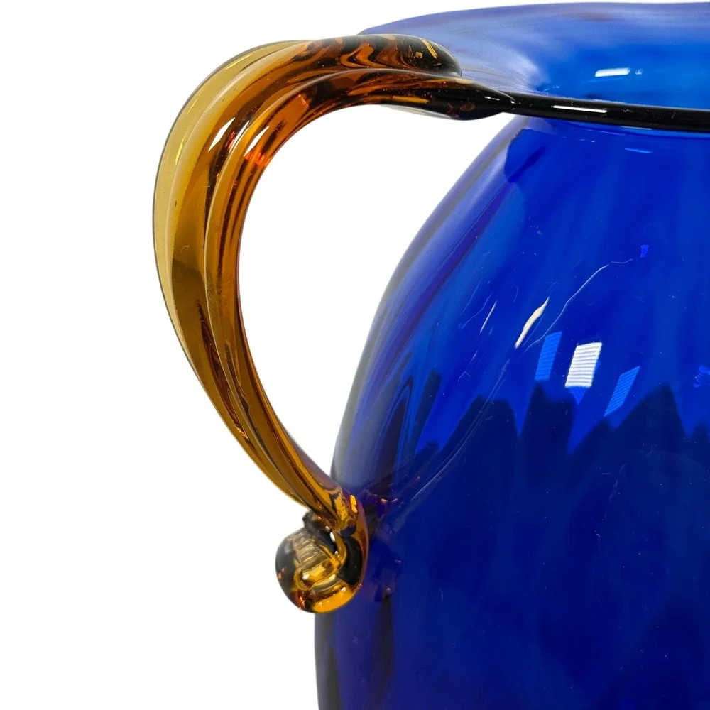 Blenko Cobalt Blue Optic Honeycomb Pitcher Amber Handles 9.5